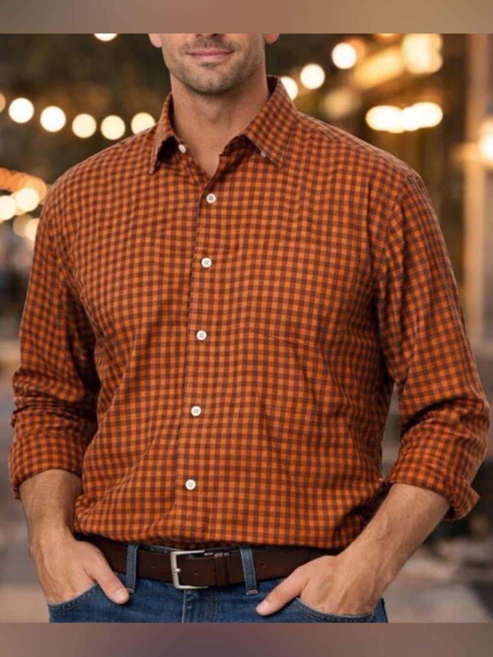 Peter Millar Men’s Button Down Shirt XXL Brown Gingham Check Linen Long Sleeve